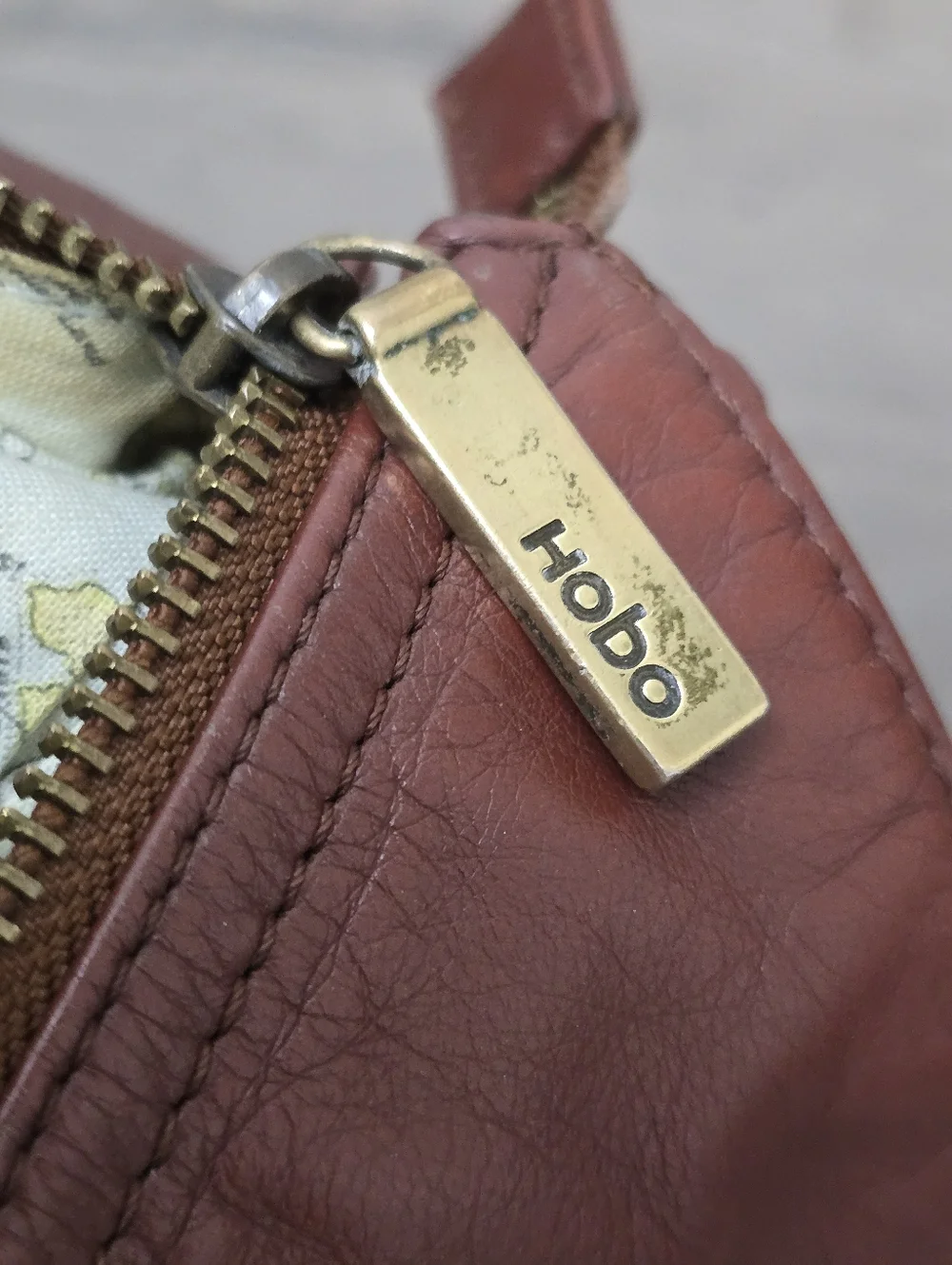 Hobo Asymeyrical Mahogony Leather Shoulder Bag Map Fabric Lining